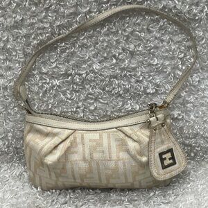FENDI Logo Zucca Pattern Shoulder Bag Canvas Leather